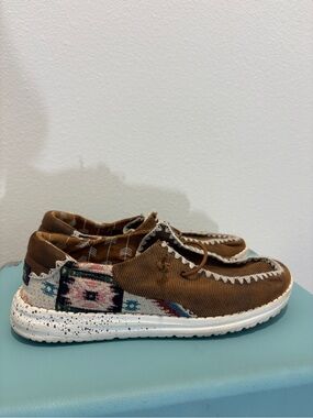 Women’s Brown HeyDude Slip-ons With Aztec Accent